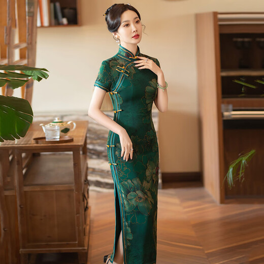 康美诗绿色国风长款改良旗袍2025新款女中式复古修身气质妈妈装日常可穿 17060红 2XL