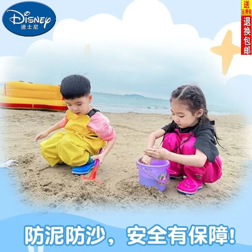 Disney children's one-piece waders, kindergarten play water clothes, waterproof clothes, children's rain boots, men's and women's fishing beach pants, children's blue, cute and childlike overalls, size 27 (inner length 17.5cm), free insoles