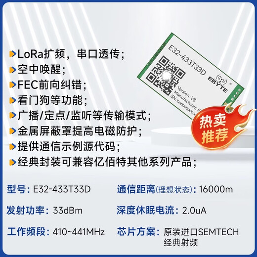 亿佰特lora无线模块433MHZ无线串口LORA扩频UART透传SX1278低功耗 【贴片型】E32-433T30S