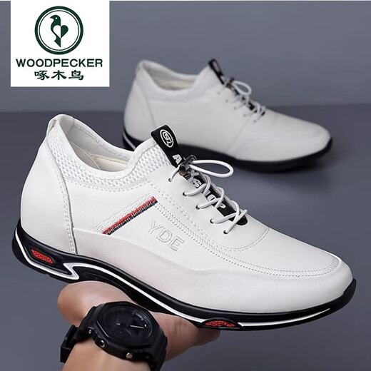 Holzpecker-Herrenhöhenhöheschuhe unsichtbare innere Höhe Erhöhen Sie 6 cm atmungsaktives Sommer Casual White Schuhe Erhöhung 8 cm Geschäft Herrenschuhe Lederschuhe 898 Weißes Leder + (6 cm Höhe erhöhen) Four Seasons 40