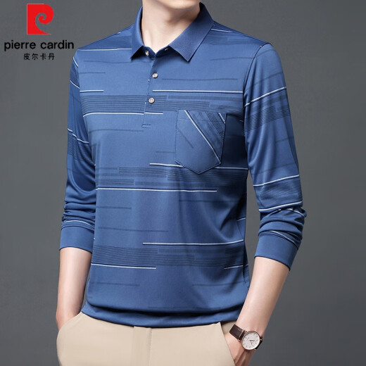 皮尔卡丹（pierre cardin）夏季冰丝男士t恤长袖春秋新款中老年休闲男装薄款爸爸有兜体恤衫 B753横条  绿色 L 170/110/50