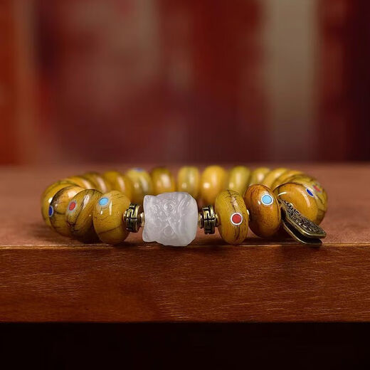 CHAUIYIN FAO Yin Tibetan Return Duobao Inlaid Pills Bead Bracelet Single-ring Cat Eye Stone Glass Accessories Yak Bone Inscription Bracelet A 13565mm