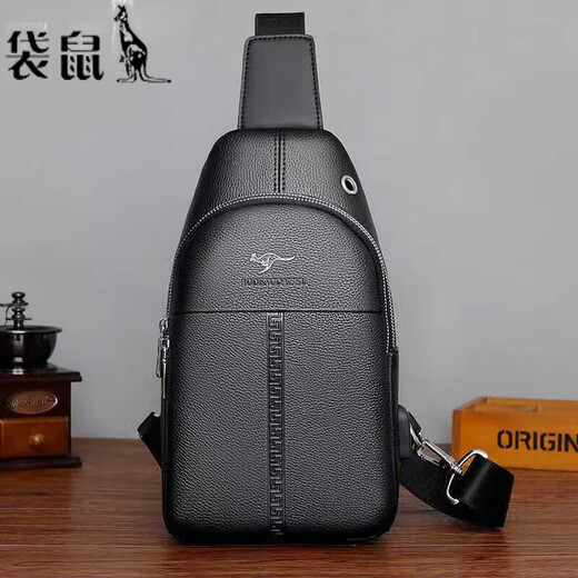袋鼠真皮质感男士胸包运动斜挎包男包夏季小包男包背包休闲大容量腰包 黑色7029[升级新款]