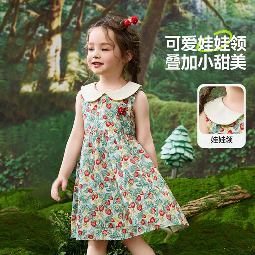 ASK JUNIOR森系婴幼裙子夏儿童娃娃领无袖背心裙女童草莓连衣裙 花色  100 