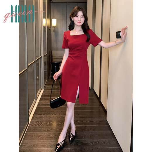 Halo Queen Red Vestido de manga corta para mujeres Summer de collar francés Vestido de compromiso Vacaciones Falda roja H52Q024
