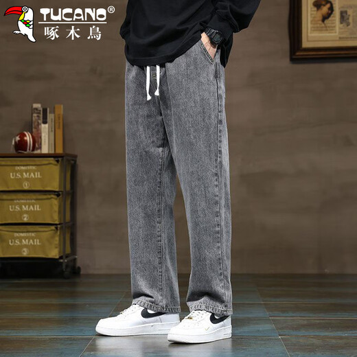 Woodpecker (TUCANO) jeans men's autumn and winter loose straight casual pants men's wide-leg pants men's trendy men's pants black gray XL