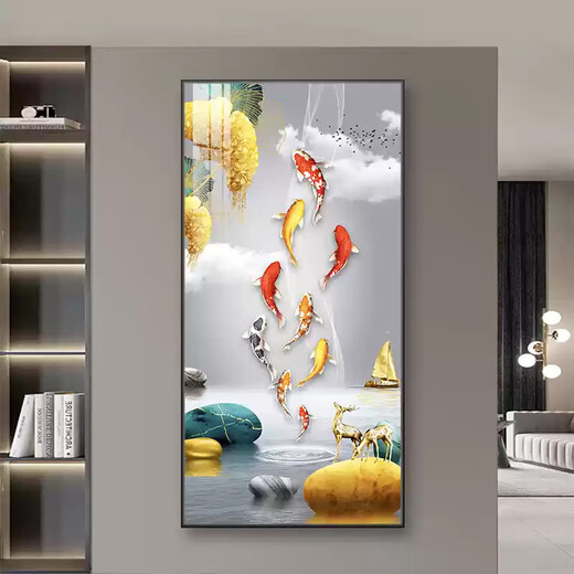 妙古轩入户玄关装饰画玄关挂画走廊过道挂画客厅山水画新款高级感玄关画 A677/金鹿送福 60*120cm 金色铝合金拉丝边框