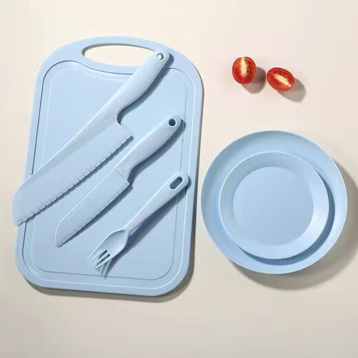 东之天地儿童不伤手塑料辅食菜刀水果刀安全早教幼儿园切水果教学砧板套装 【蓝色】安全刀具套装【6件套】