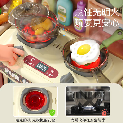 翎喏德国高端儿童迷你小厨房玩具女孩过家家仿真煮做饭套装2到3岁宝宝 【灯光音效/出水】海棠红餐台28件（电池版）