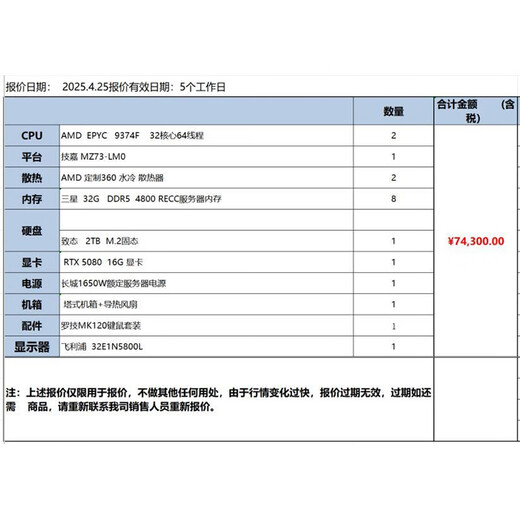 AMD EPYC(霄龙)单路9654/9754仿真计算DeepSeek本地化部署/科学计算/建模渲染/流体模拟工作站主机 双路9374F 64核心128线程 定制 | 32G内存*8丨2T固态丨5080显卡