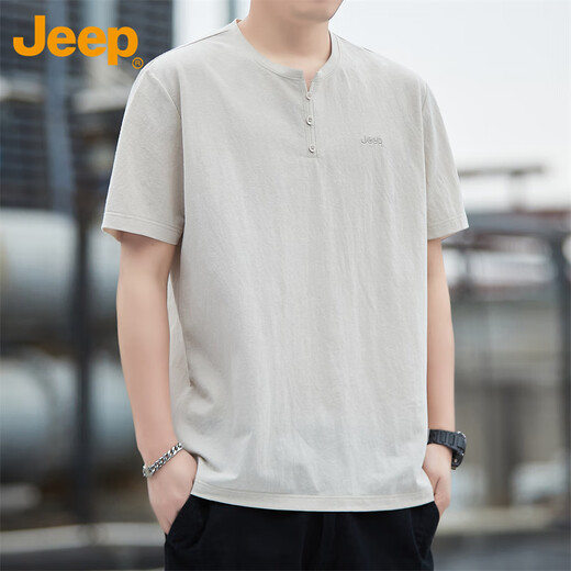 吉普（JEEP）冰丝短袖T恤男士夏季亨利领休闲上衣薄款凉感衣服男装 杏色 XL