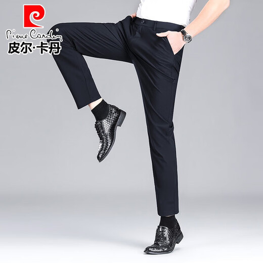 Pierre Cardin high-end casual trousers men's autumn and winter new business straight loose elastic velvet thickened trousers for young and middle-aged men black regular style 33 recommended 130-140Jin Jin equals 0.5 kg