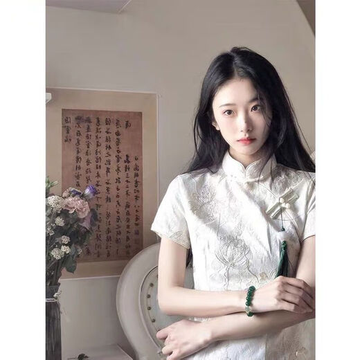 Hualin mode modifié Cheongsam Summer Tempérament fille robe blanche Style chinois Daily 831 Green Mariffon S