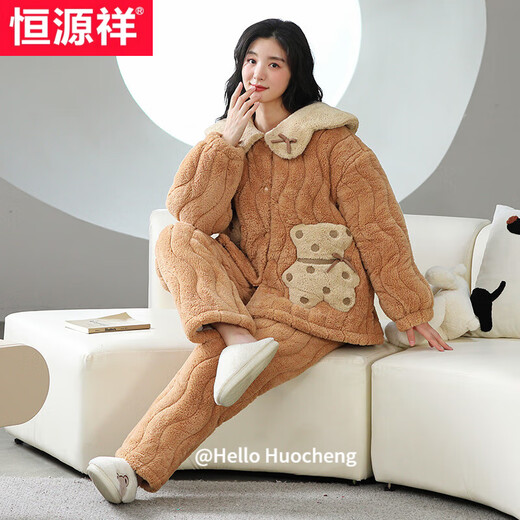 恒源祥睡衣女款冬季珊瑚绒三层夹棉加绒加厚2024新款翻领卡通家居服套装 1343女款 L (165)