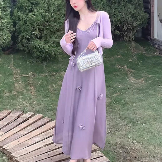 S.SOFEA法式立体花朵茶歇裙垂感褶皱宽松大摆长裙 紫色*724 XL