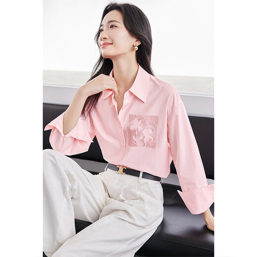 Shandubila Spring and Summer Simple Commuting Cotton Shirt Women's Heavy Industry Off-Shoulder Shirt Collar Loose Long-Sleeved Shirt Light Pink M
