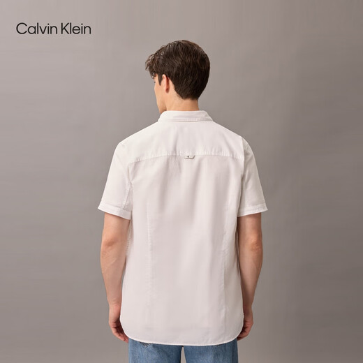 Calvin KleinJeans春夏男士商务休闲通勤ck简约刺绣棉亚麻短袖衬衫J317422 YAF-白色 M （建议130-150斤）