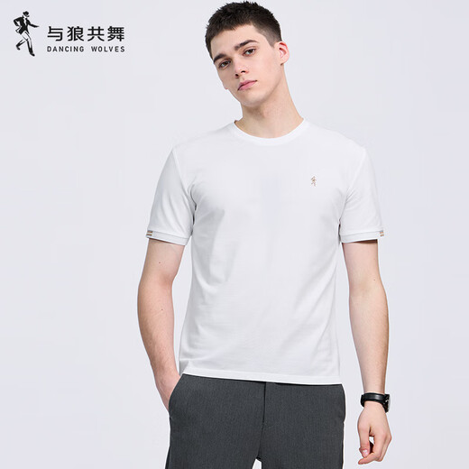 与狼共舞【含桑蚕丝】圆领短袖T恤男2025夏季新款刺绣凉感透气打底短t6623 本白803 XL (180)