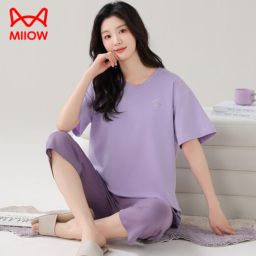 猫人（MiiOW）莫代尔睡衣女夏加肥加大码短袖七分裤夏天薄款宽松套头家居服套装 XP-7027 M