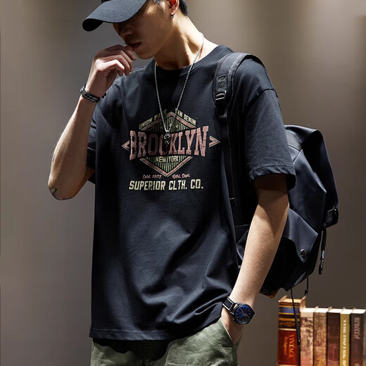 Fashionable American heavyweight 250g short-sleeved T-shirt men's loose large-size cotton top summer trendy ins half-sleeved T-shirt 9918 black 2XL Recommended 160-180Jin [Jin equals 0.5 kg]