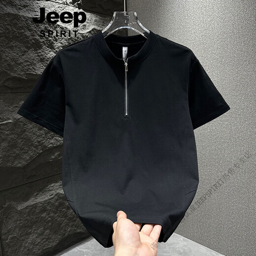 Jeep Spirit Camiseta de manga corta para hombres 2025 Tendencia de verano Semi-Zipper Cool Color sólido Camiseta versátil Versátil Negro 1585 Modelo M 95-120Jin [Jin iguala 0.5 kg]