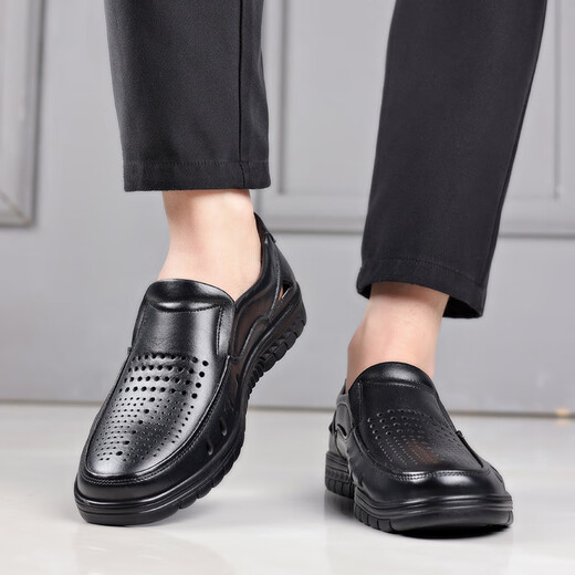 
YRC Yierkang Summer 2025 new men's hollow sandals toe layer cowhide middle-aged and elderly dad's shoes breathable casual shoes sandals 9887-2 black 41