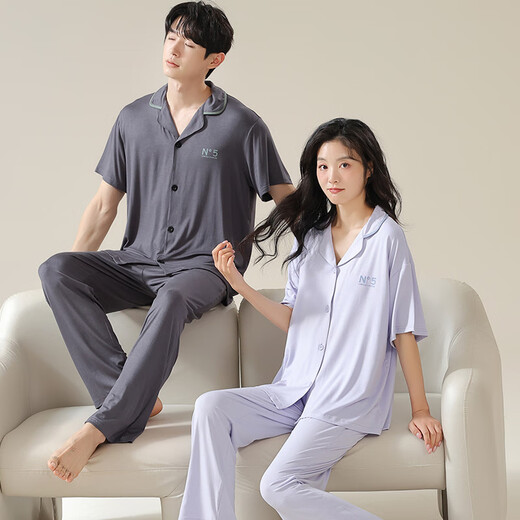 含蕊睡衣女夏季莫代尔薄款短袖长裤大码凉感冰丝男家居服套装 N12111女12311男 170 女款M