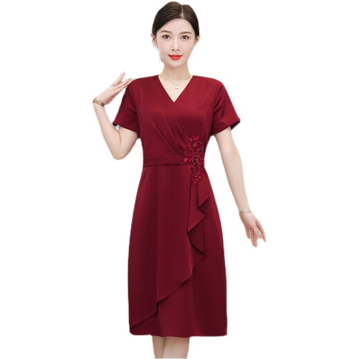 康多蜜婚礼妈妈装高档礼服平时可穿的喜婆婆婚宴装国庆结婚连衣裙小个子 红色[6197款原版质量] L [建议110斤以下]