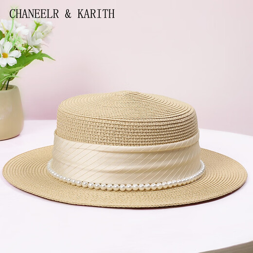 CHANEELR / KARITH top hat sunscreen straw hat women summer flat top versatile elegant pearl straw hat birthday niche gift for girlfriend wife beige
