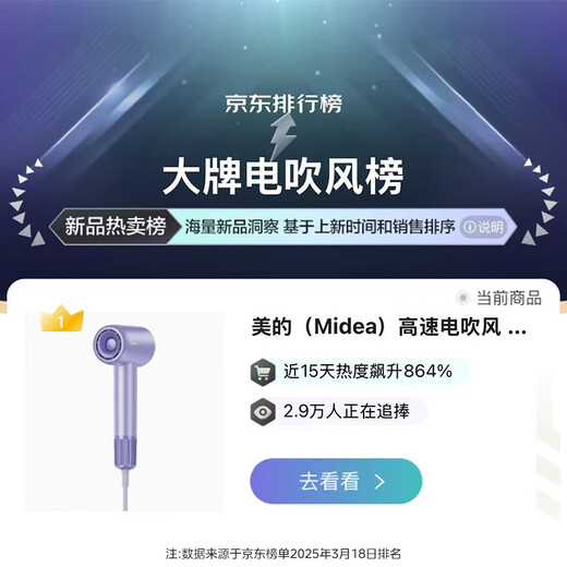 Midea high-speed hair dryer, high-concentration water ion hair care hair dryer, high-power quick-drying household hair dryer FG608 purple, national subsidy, holiday/birthday gift recommendation