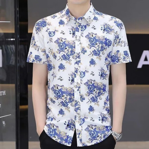 
Wanjun summer short-sleeved shirt for men's slim young and middle-aged printed casual new style 2025 shirt without ironing and anti-wrinkle trendy inch shirt ZJ-653 red 3XL 150-165Jin [Jin equals 0.5 kg]