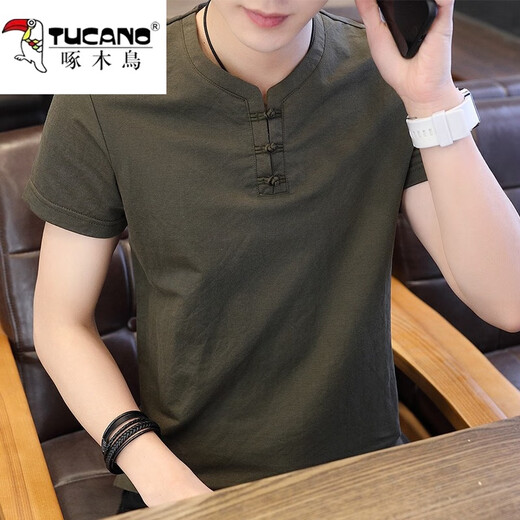 啄木鸟（TUCANO）短袖T恤男士夏季新款薄款中国风仿棉麻短袖男纯色半袖上衣服男装 9810墨绿色 XL