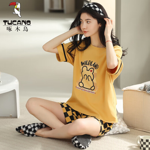 Tucano; Woodpecker Summer Summer de manga corta para mujer Conjunto de pijama a cuadros de algodón Summer Summer Pure Korean Ropa para el hogar puede ser dibujos animados para Y9855 m al aire libre (sugerido 75-95Jin [Jin equivale a 0.5 kg])
