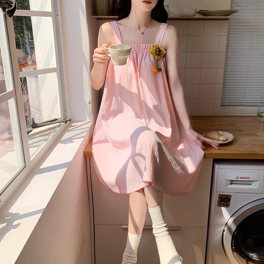 MONTAGUT summer new suspender nightgown for women thin cloud cotton simple sunflower can be worn outside with breast pad sweet dress jdx#9216 pink one size fits all m recommended 75-95Jin Jin is equal to 0.5 kg