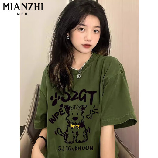 常缕竺美式复古绿色卡通小狗短袖t恤女夏季新款国潮牌半袖纯棉小众上衣 B15664军绿色[高品质18.5] L105-125斤 均码