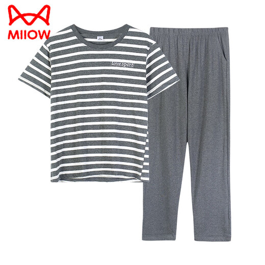 
Catman (MiiOW) summer pajamas for women pure cotton stripe short-sleeved trousers thin summer new style can be worn with pullover round neck home clothes 7374 bean paste powder M [80-100Jin [Jin equals 0.5 kg]]