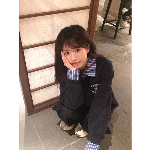 LDBE splicing shirt fake two-piece sweatshirt for women spring and autumn thin college style loose lazy hooded top design trendy navy blue (spring and autumn thin) M 95-110Jin Jin equals 0.5 kg