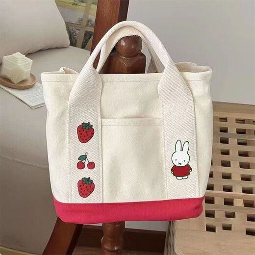 Xingxi's new cartoon cute thickened canvas handbag portable shoulder bag for mom to carry when going out, handbag small bag red and white strawberry bunny 22*17.5*21cm