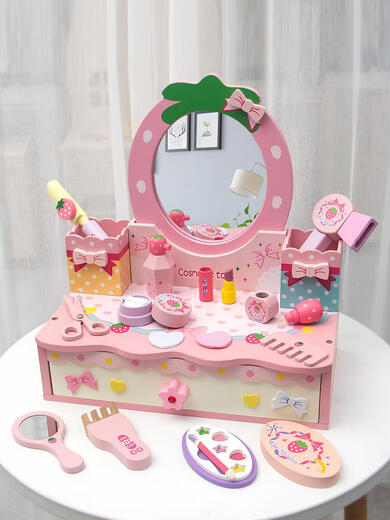 Wooden simulated children's dressing table house toy makeup table 3-4-5th birthday gift girl accessories box Makeup + hairdressing table