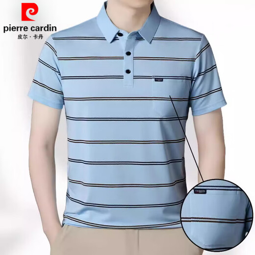 皮尔卡丹（pierre cardin）品牌冰丝条纹短袖T恤男士中青年休闲百搭时尚上衣免烫抗皱半袖体 9909哈青 L 170 建议105-120斤