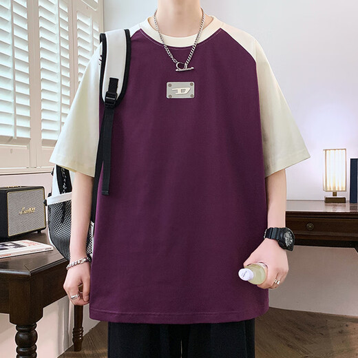 龙桃子插肩袖t恤男夏季美式潮流撞色圆领套头衫男生青少年设计感体恤衫T 1105白色 M 约85~105斤可穿