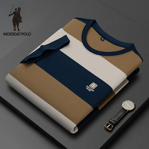 Larren Paul Knight Men's Round Neck T-shirt Short Sleeve Stripe Color Block Summer High-end Top Business Casual Loose Large Size Trendy Brand a 6197-Denim Blue M 48