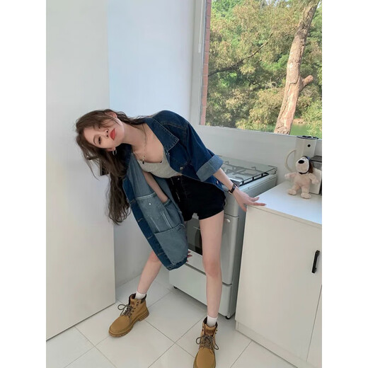 Yu Jin Hong Kong style denim short-sleeved shirt jacket for women 2025 summer new dark blue design loose mid-length top Blue #9435 S