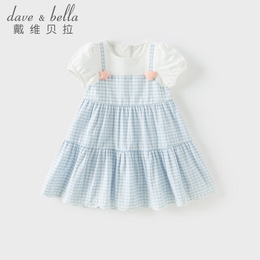 DAVE&BELLA summer new pure cotton girls dress baby girl fake two-piece dress children's princess dress cake dress plaid ready stock 90 cm (recommended height 80-90cm)