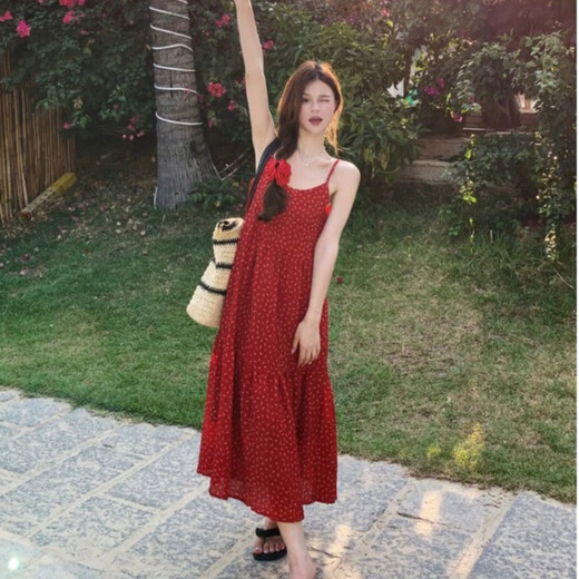 沐霓复古碎花红色吊带连衣裙女夏季2025新款度假海边沙滩显瘦气质长裙 碎花吊带连衣裙红色M 85-100斤