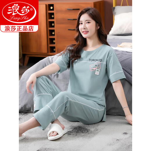 Langsha Pajamas para mujeres en verano algodón puro 2025 Nuevos pantalones de manga corta Juego de ropa para algodón delgado 7374 Bean Green M 80-100Jin [Jin es igual a 0.5 kg]