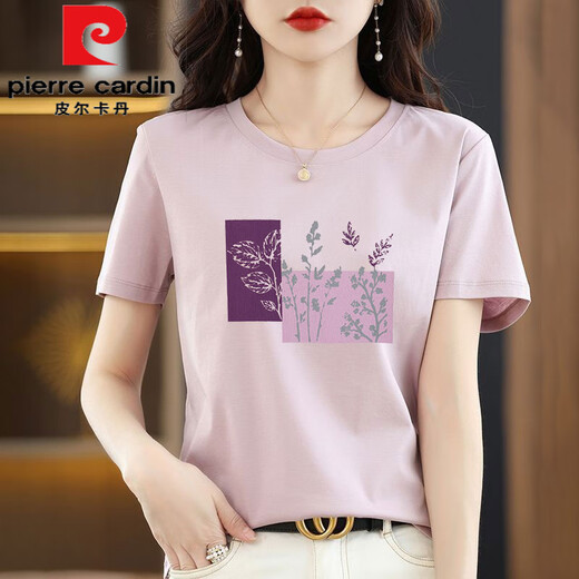 皮尔卡丹（pierre cardin）纯棉短袖t恤女士宽松简约气质减龄粉色体恤小衫夏装2025新款上衣 6172灰粉+6160白色 M 80-105斤
