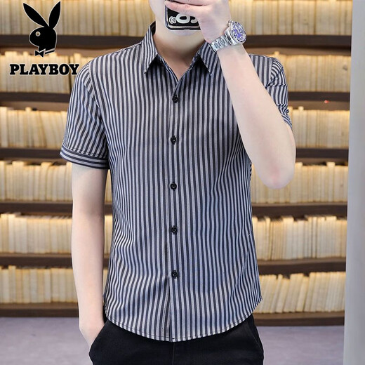花花公子（PLAYBOY）条纹衬衫男短袖2025夏季新款潮流百搭男装上衣薄款透气半袖衬衣男 HS-826灰色 M 90-102斤