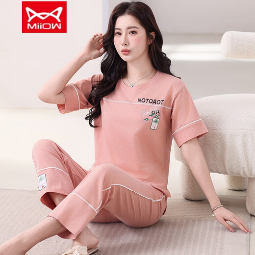 
Catman (MiiOW) pajamas for women in summer pure cotton thin short-sleeved trousers New Year's new suit Summer home clothes can be worn outside 7374 bean paste powder M [80-100Jin [Jin equals 0.5 kg]]