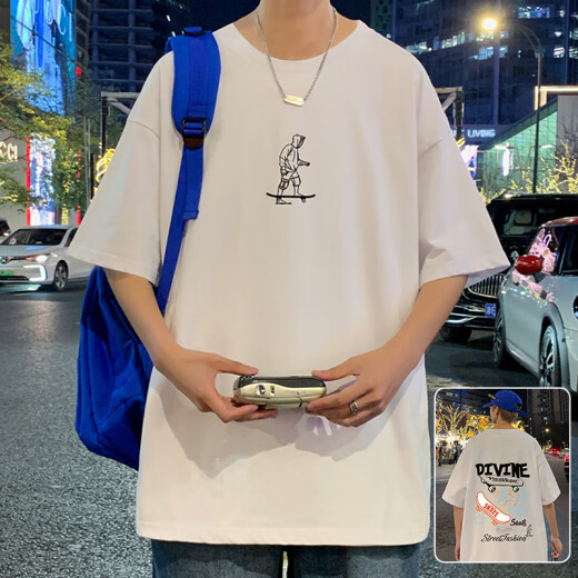 GTYUWVG纯棉T恤男潮牌潮流休闲宽松圆领短袖男生青少年夏季新款百搭体恤 3892蓝色 M 约100-120斤可穿